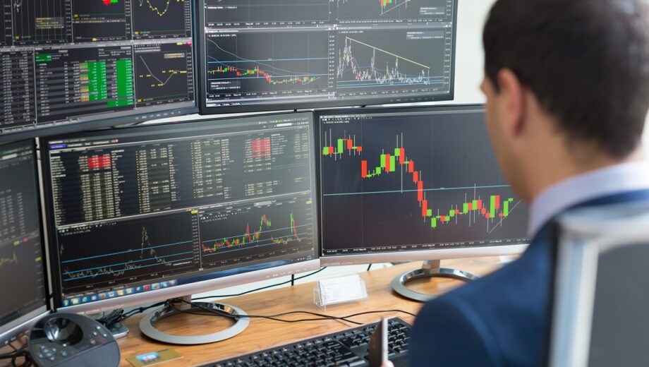 Over the shoulder view of computer screens and stock broker trading online.